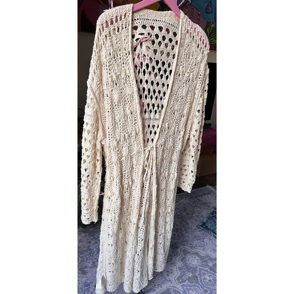 Free People Long Crochet Cardigan Duster Sweater Cream Size Large Boho Festival - Picture 2 of 6